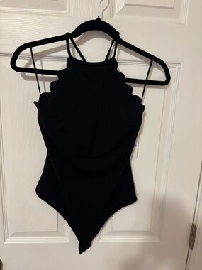 Express Black Scalloped Halter-Style Bodysuit with Double Straps NWT